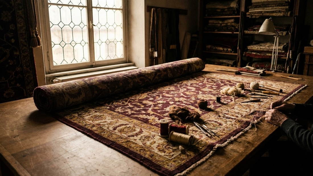 L'établi de l'atelier : outils, laines et un tapis en cours d'examen