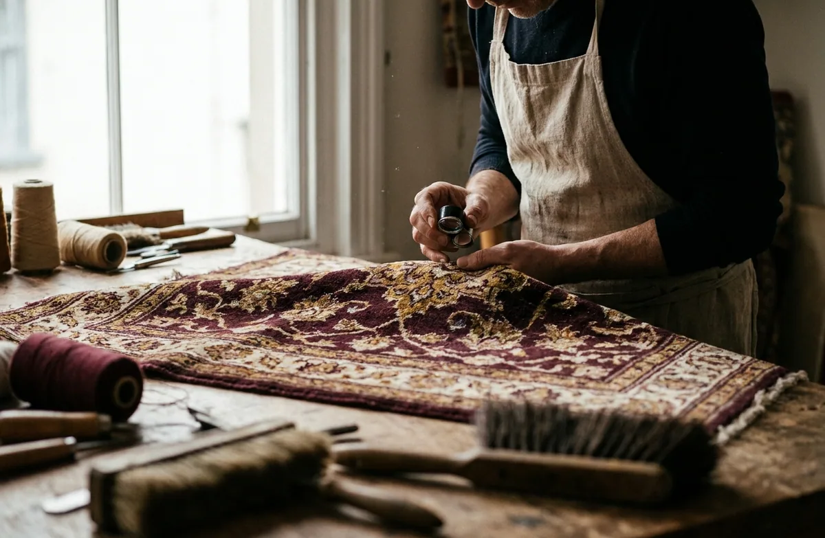 Examen d'un tapis après lavage, fibres assainies et débarrassées des poils