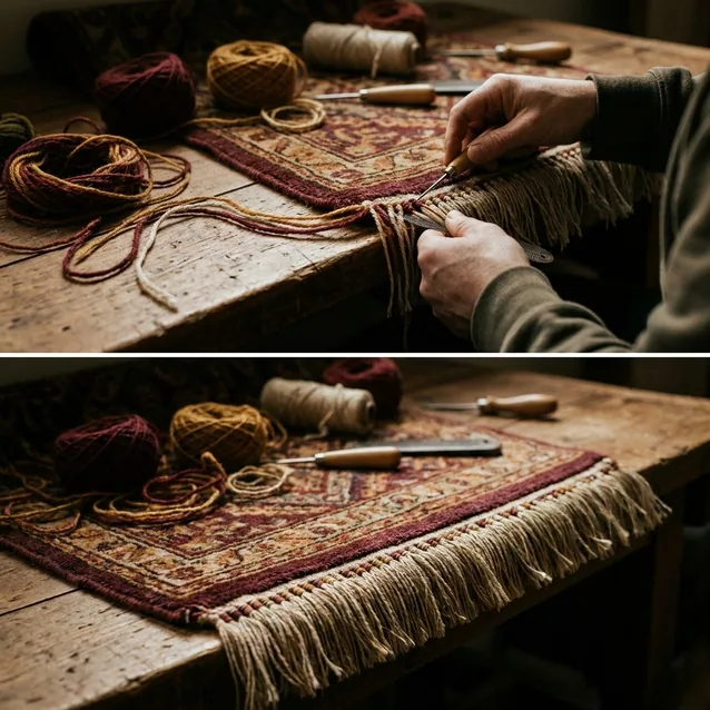 Bord et franges d'un tapis repris à la main à l'atelier