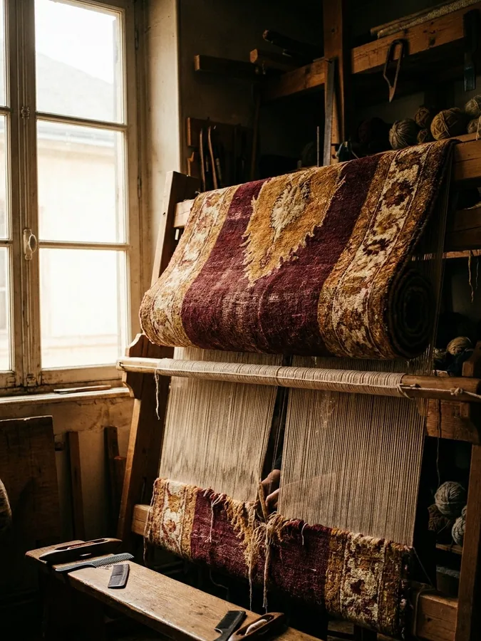 Artisan préparant un tapis sur le métier de l'atelier