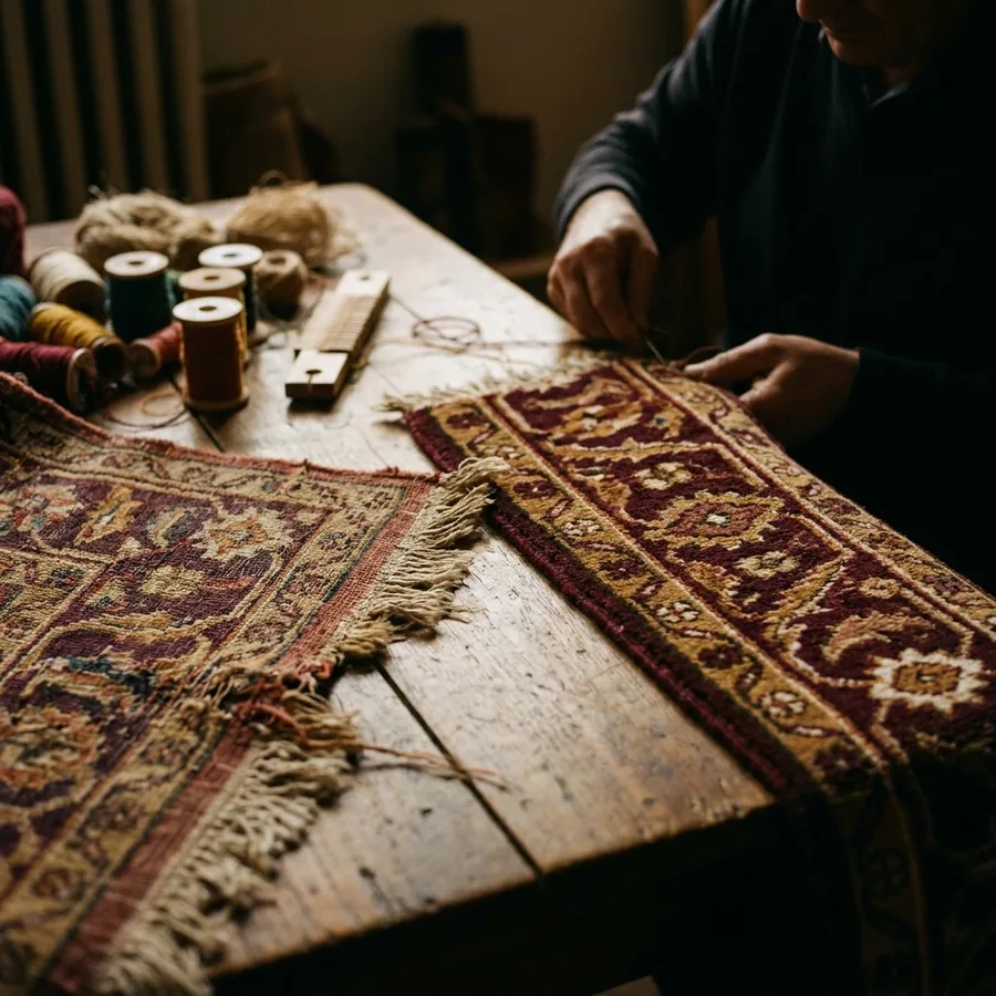 Avant / après à l'atelier : franges et lisière reconstruites à la main — après