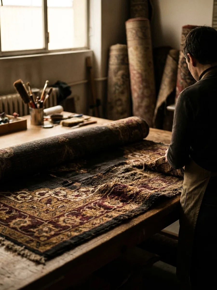 Avant / après à l'atelier : un Tabriz sauvé d'un important dégât des eaux — avant