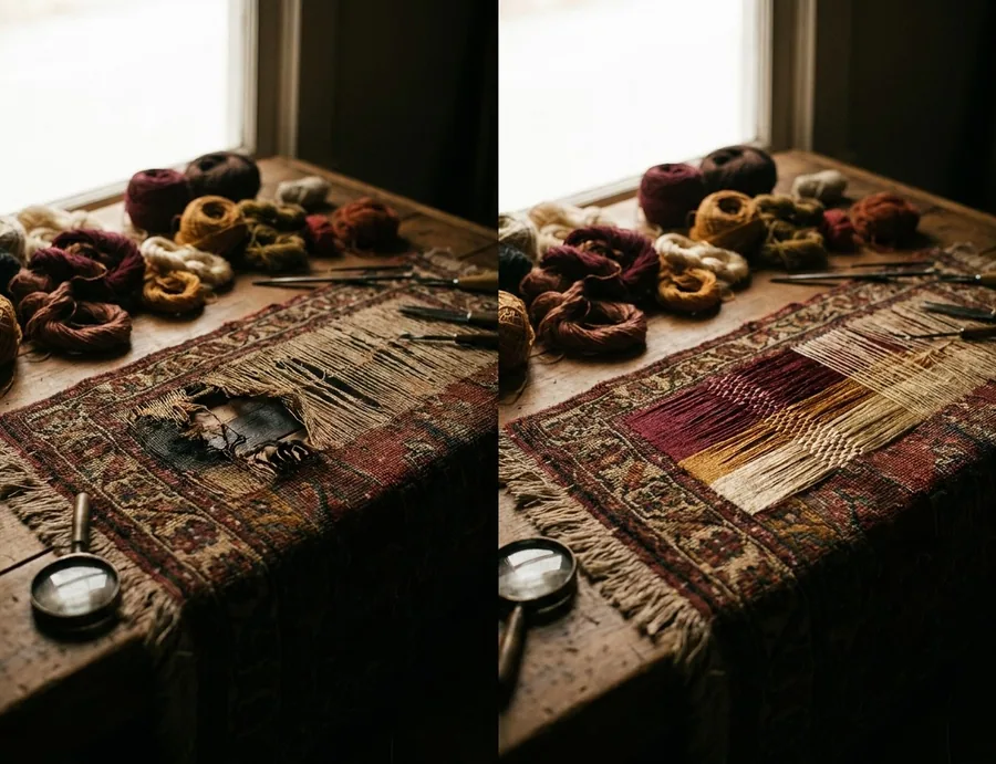 Avant / après à l'atelier : un trou retissé à l'identique sur un Tabriz en soie — après