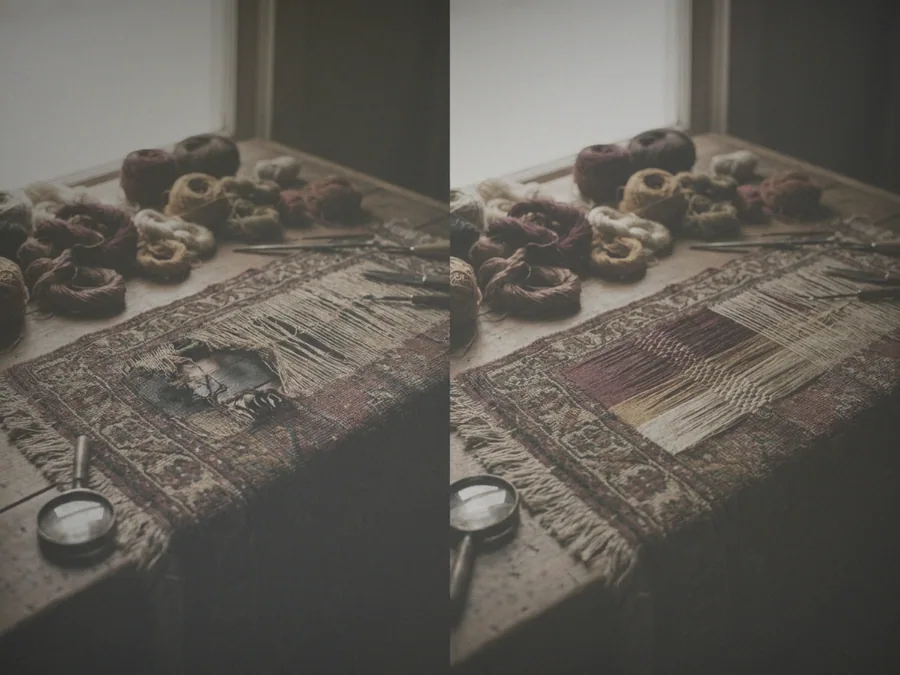 Avant / après à l'atelier : un trou retissé à l'identique sur un Tabriz en soie — avant