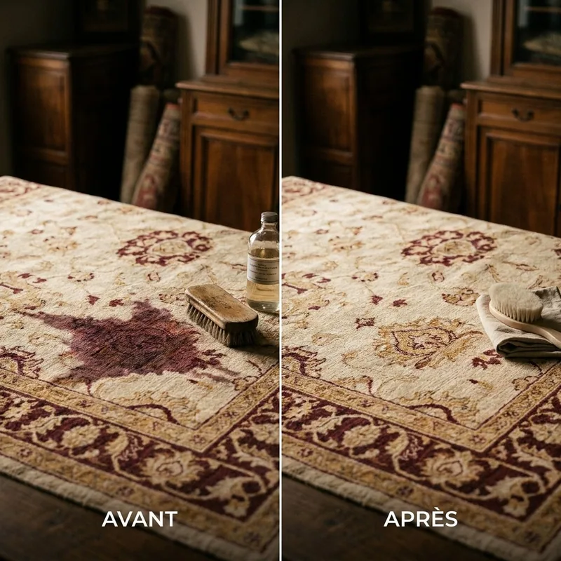 Avant / après à l'atelier : une grande tache de vin entièrement détachée — après