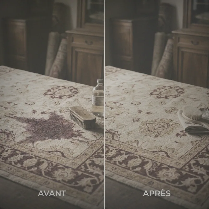 Avant / après à l'atelier : une grande tache de vin entièrement détachée — avant