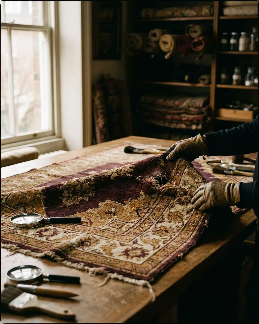 Examen d'un tapis d'Orient avant restauration : diagnostic des dommages à l'atelier