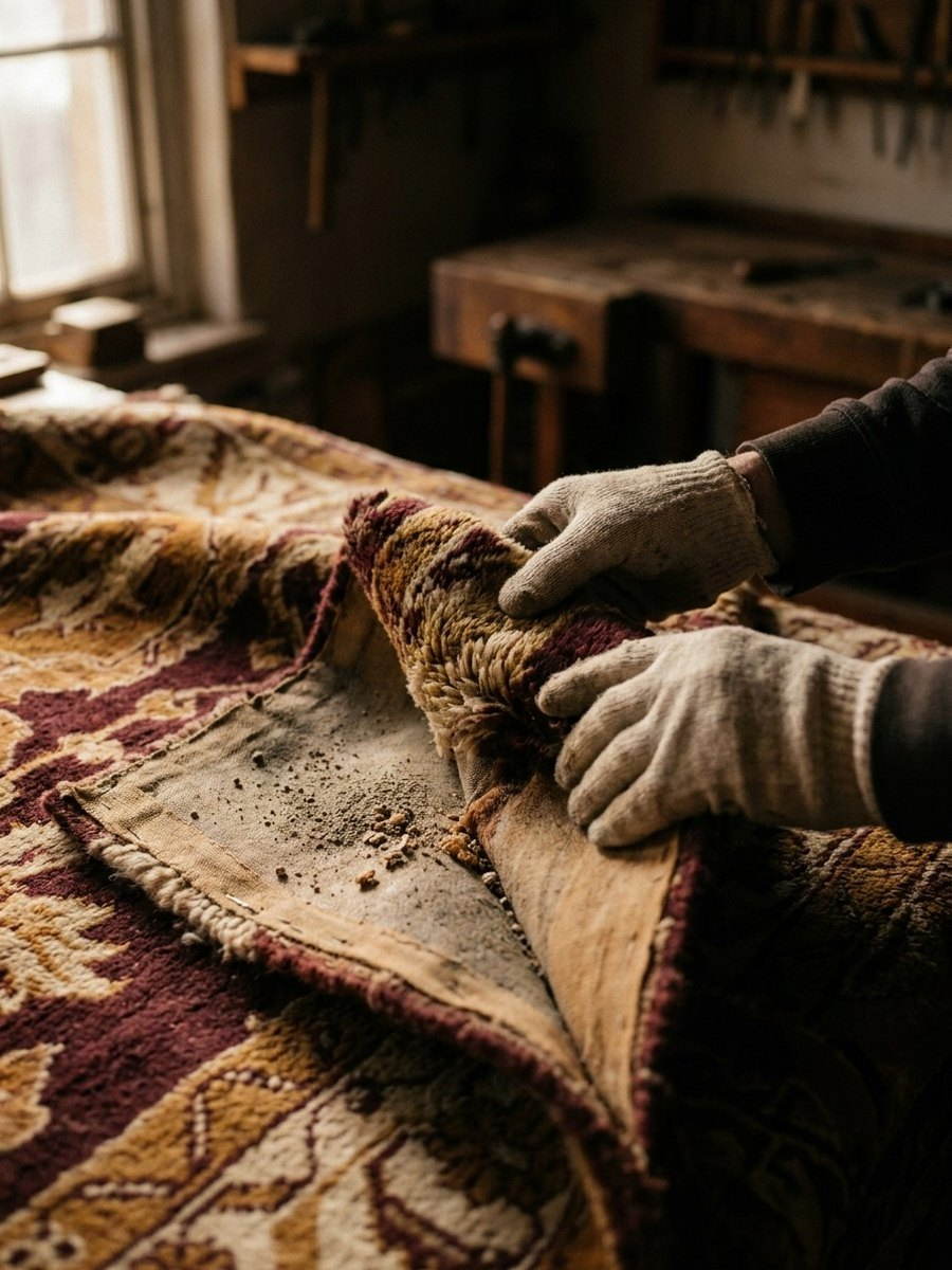 Le frass au dos du tapis : le signe qui distingue une infestation active.