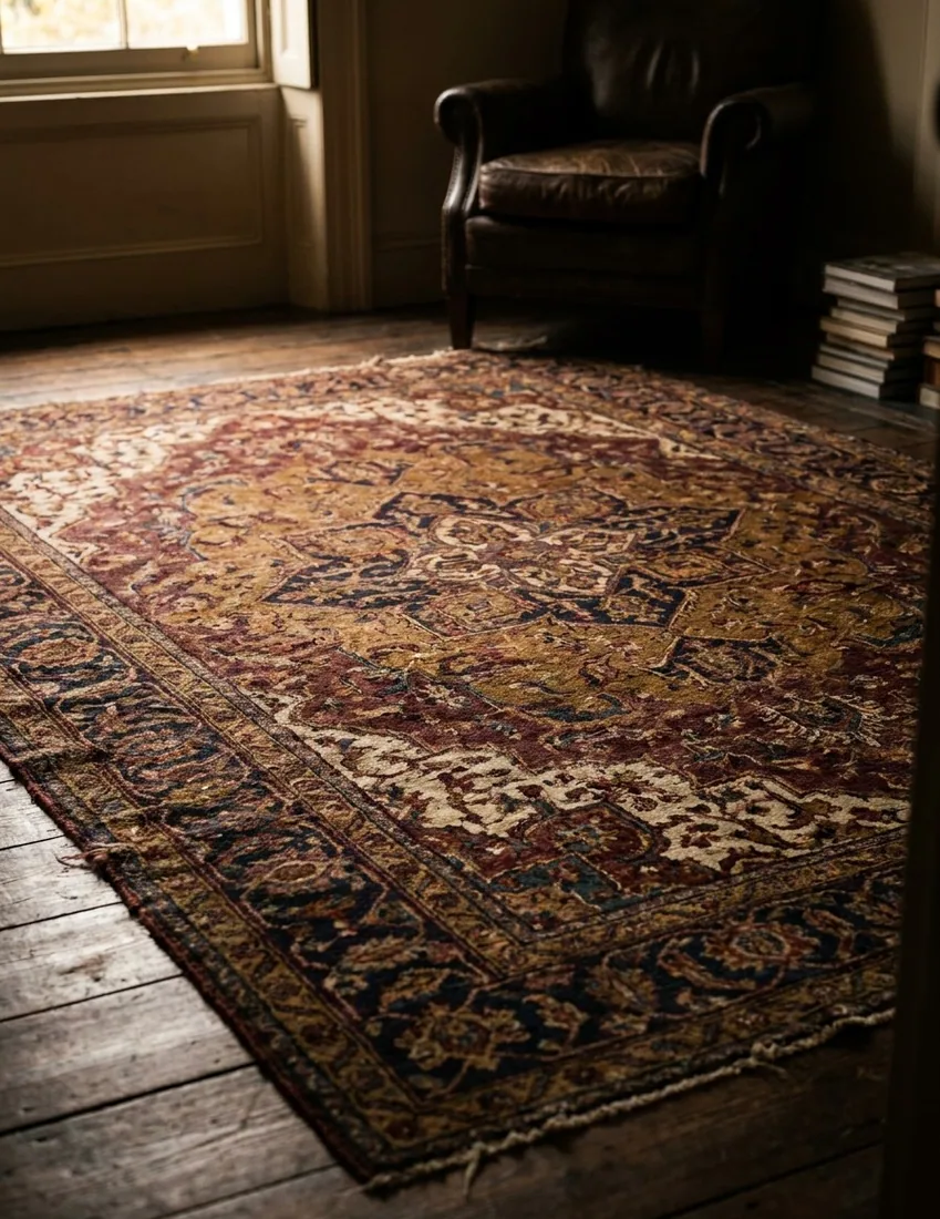 Tapis persan Mashad aux tons bleu et beige, grande pièce de salon