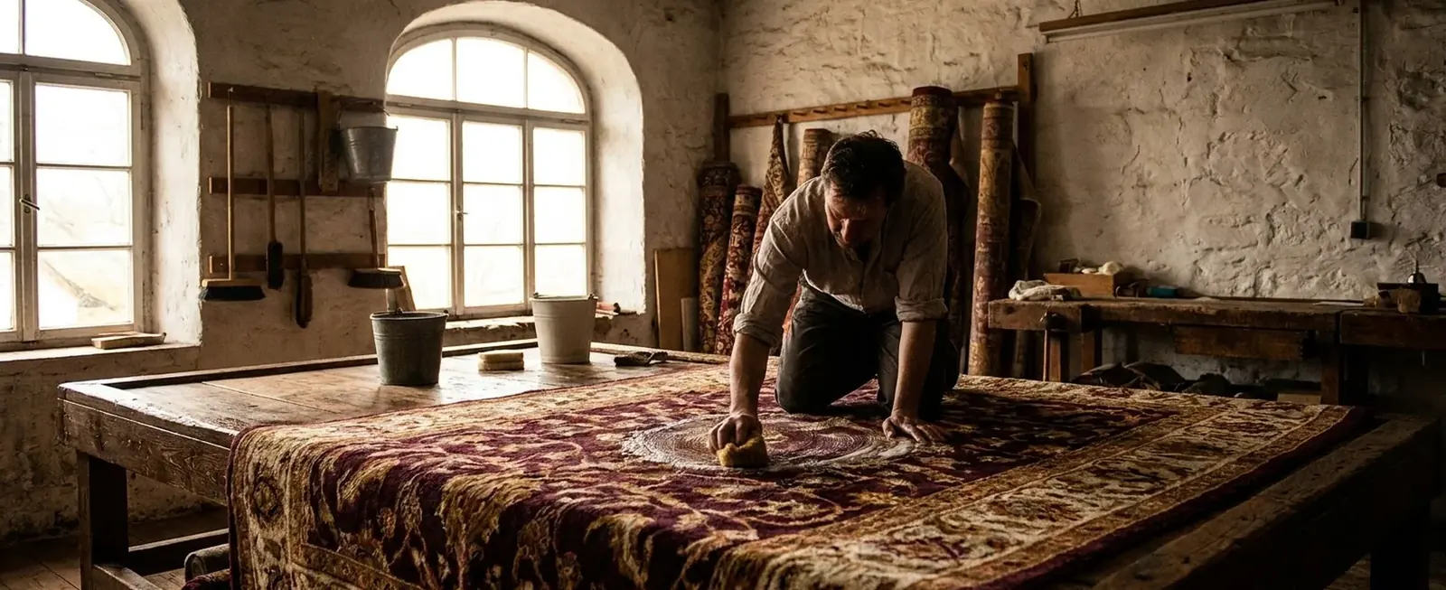 Tapis en cours de nettoyage à la main, poussière délogée en profondeur