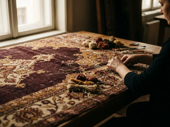 Tapis ancien attaqué par les mites, velours à reconstruire par relainage