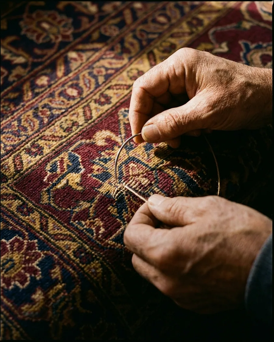 Sur un tapis ancien, le geste de l'artisan plutôt qu'un produit agressif