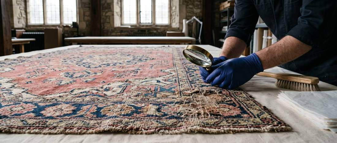 Tapis ancien examiné à plat sous lumière rasante