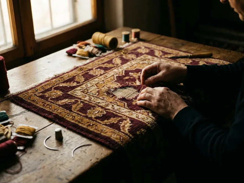 Zone de tapis détruite, fils de chaîne mis à nu avant retissage